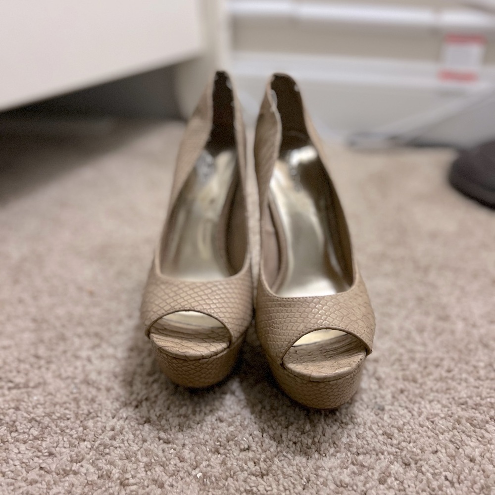 bebe Taupe Peep-Toe Platform Heels